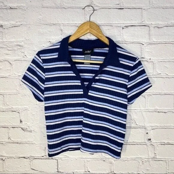 Just Polly NY Women’s Shirt Large Ribbed Blue Stripe Polo Crop Top Y2K 90’s NWOT - Picture 3 of 5